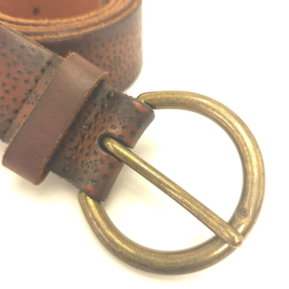Brown Genuine Leather Wide Belt XL Tooled Boho Western Brass Buckle Men
